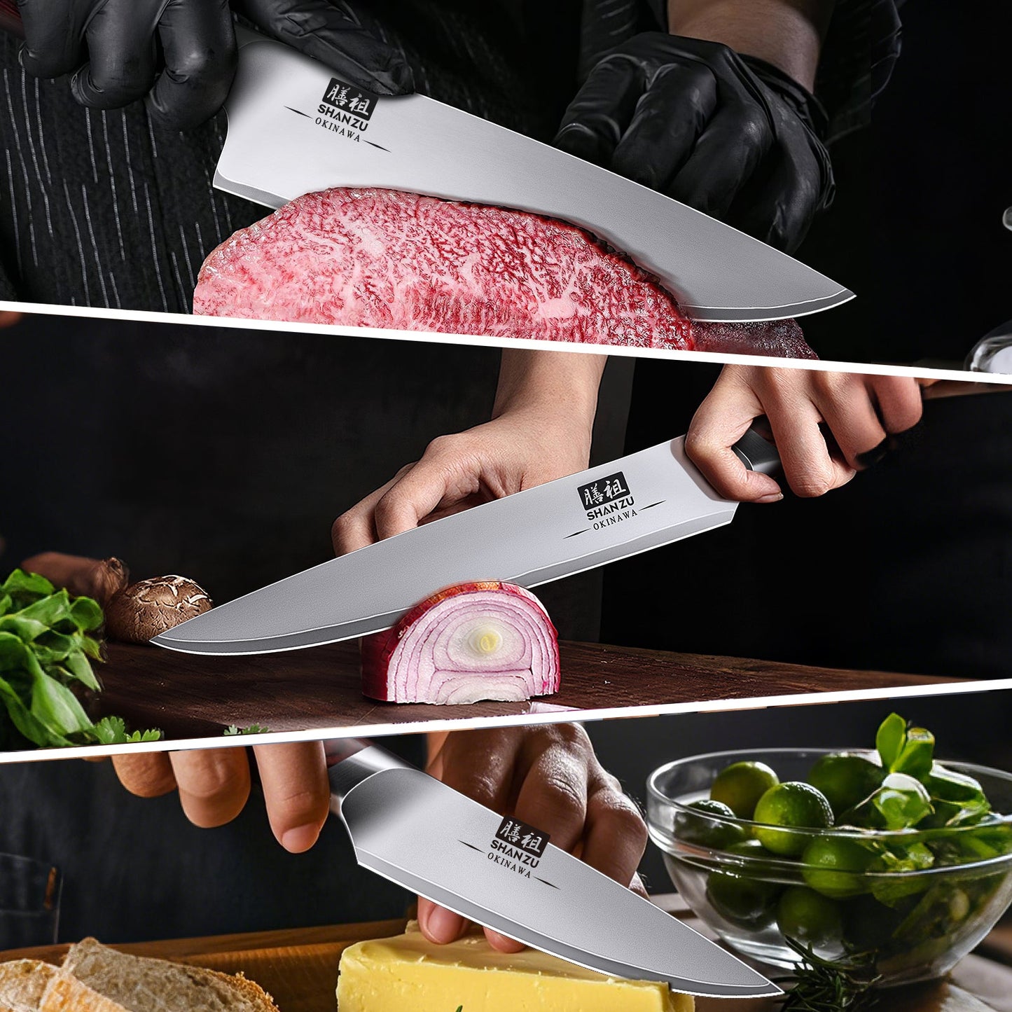 SHANZU Okinawa Series | 3-Piece Japanese Steel Set + 12" Magnetic Knife Holder