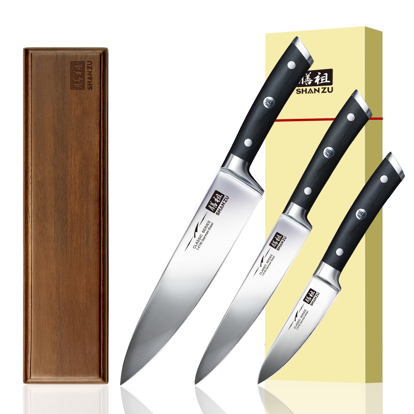 SHAN ZU Classic Series | 3 Knife Set + 12" Magnetic Knife Holder
