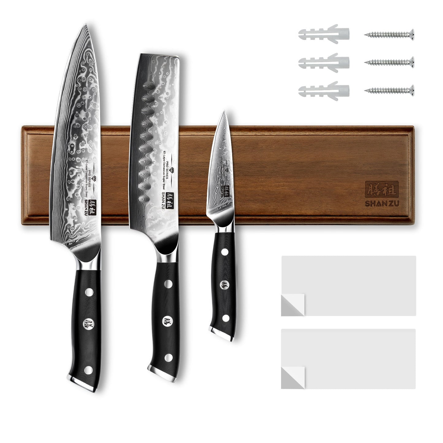 SHAN ZU Pro Series – 3-Piece Classic Damascus Knife Set + 12" Magnetic Knife Holder