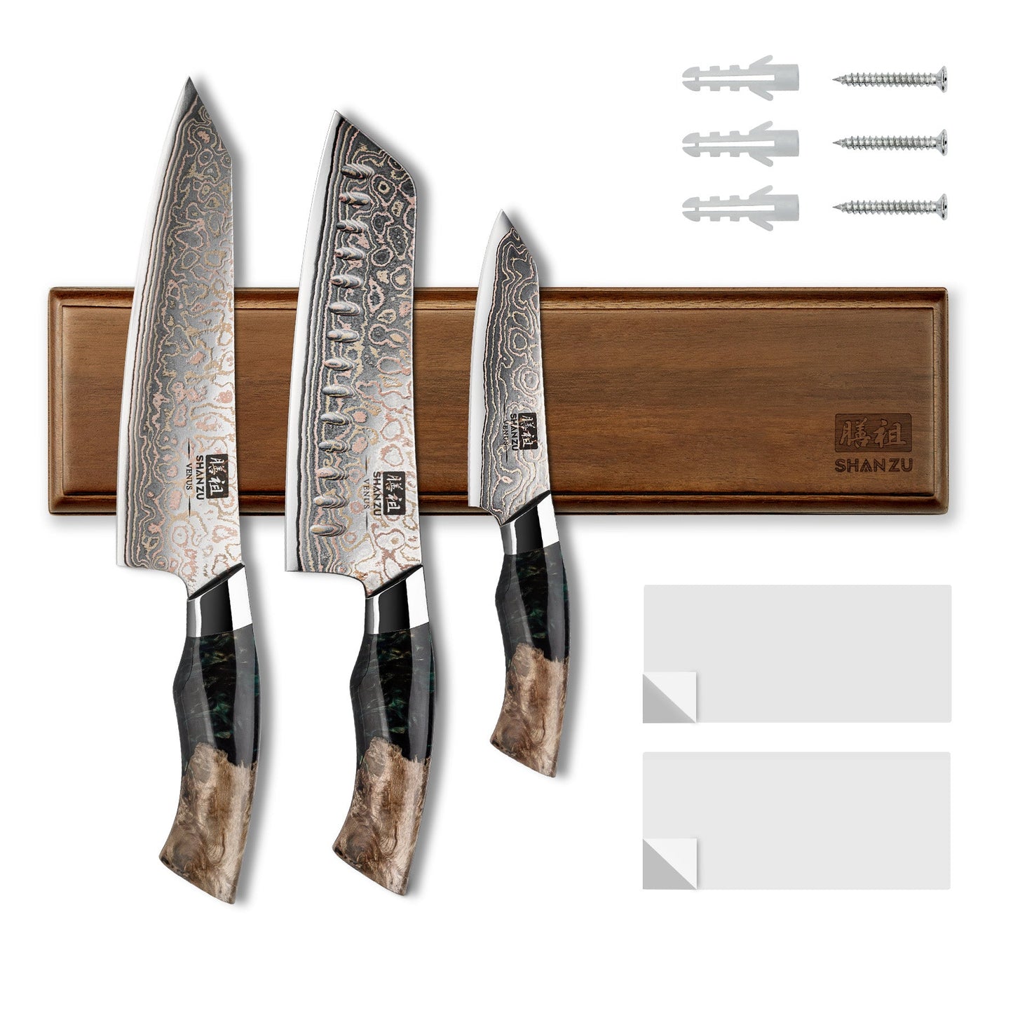 SHAN ZU Venus Series | 3-Piece Copper-Damascus Knife Set + 12" Magnetic Knife Holder