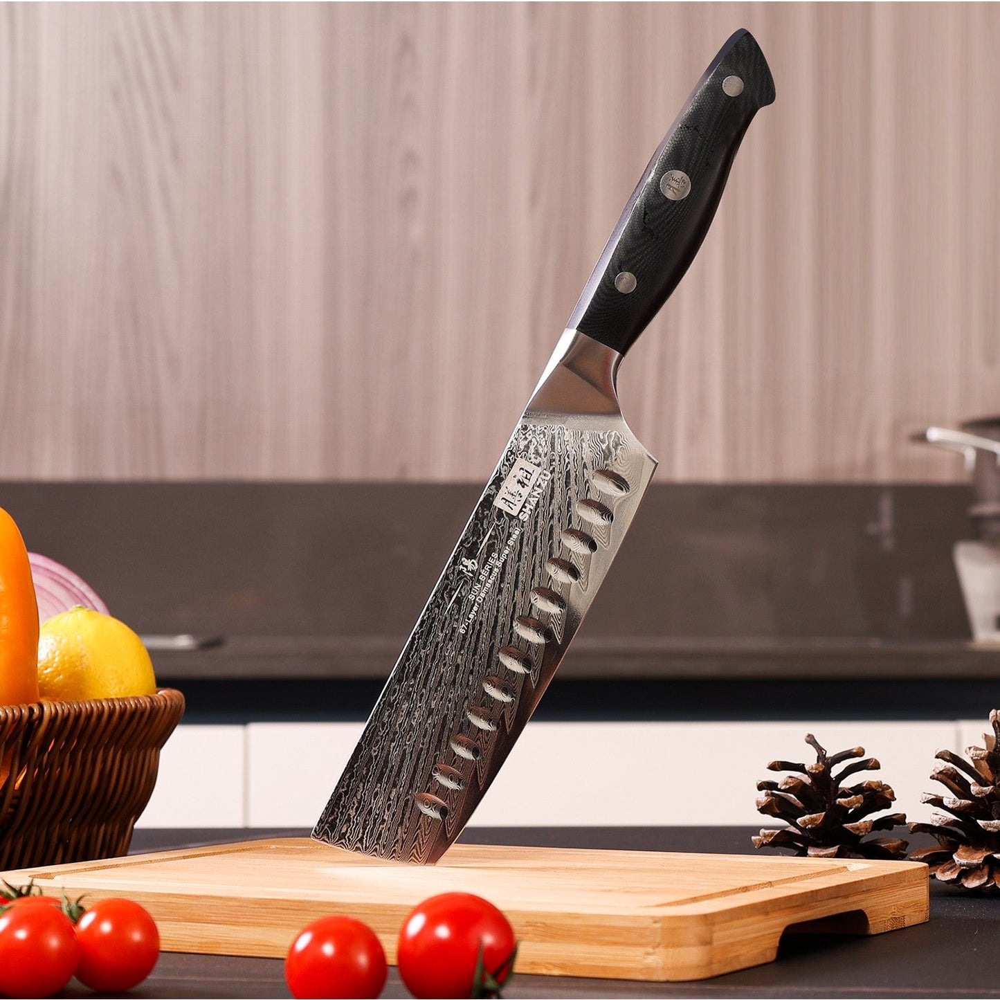 Sun Damascus Nakiri Knife+MAGNE TICKNIFE HOLDER