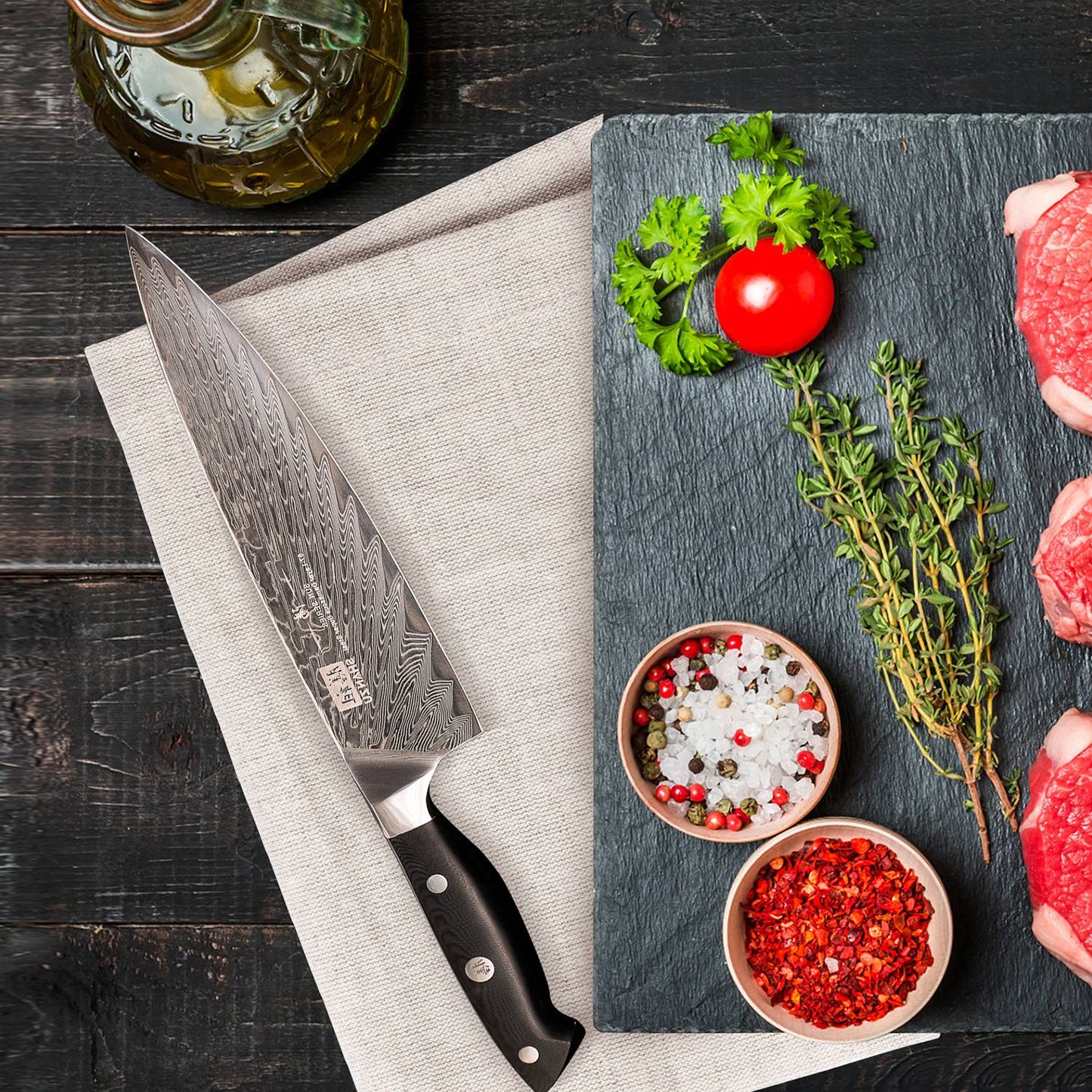 Sun Damascus Chef Knife+MAGNE TICKNIFE HOLDER