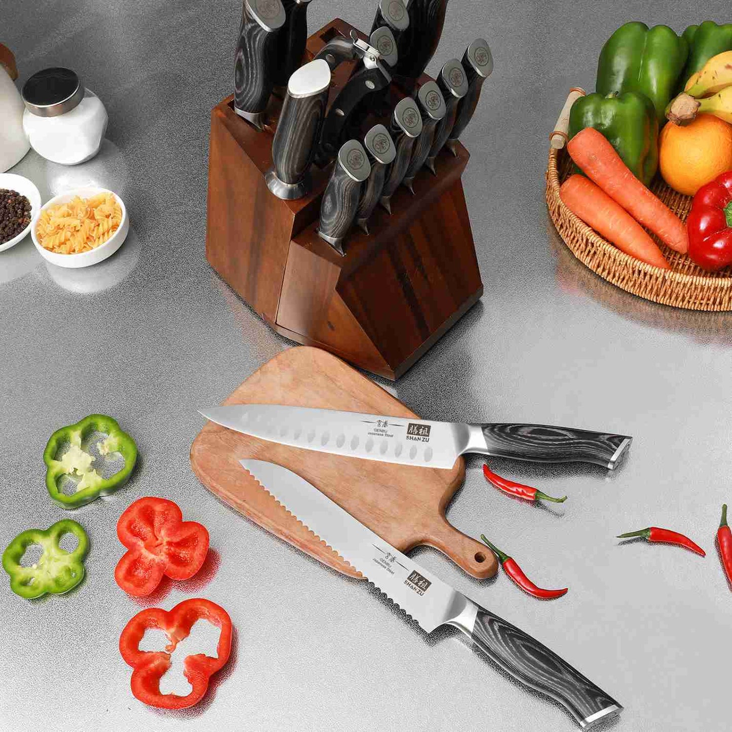 Genbu 16-PCS Kitchen Knife Set With Block