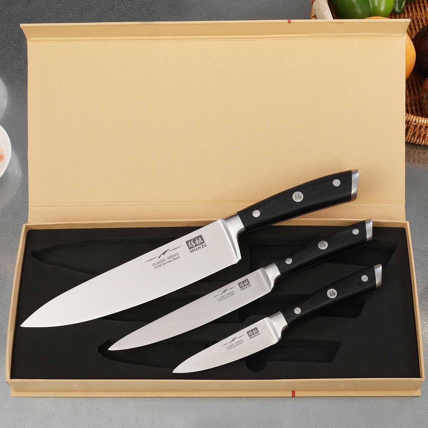 SHAN ZU Classic Series | 3 Knife Set + 12" Magnetic Knife Holder