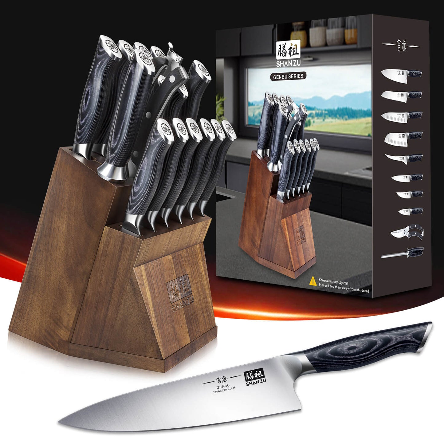 Genbu 16-PCS Kitchen Knife Set With Block+MAGNETIC KNIFE BLOCK