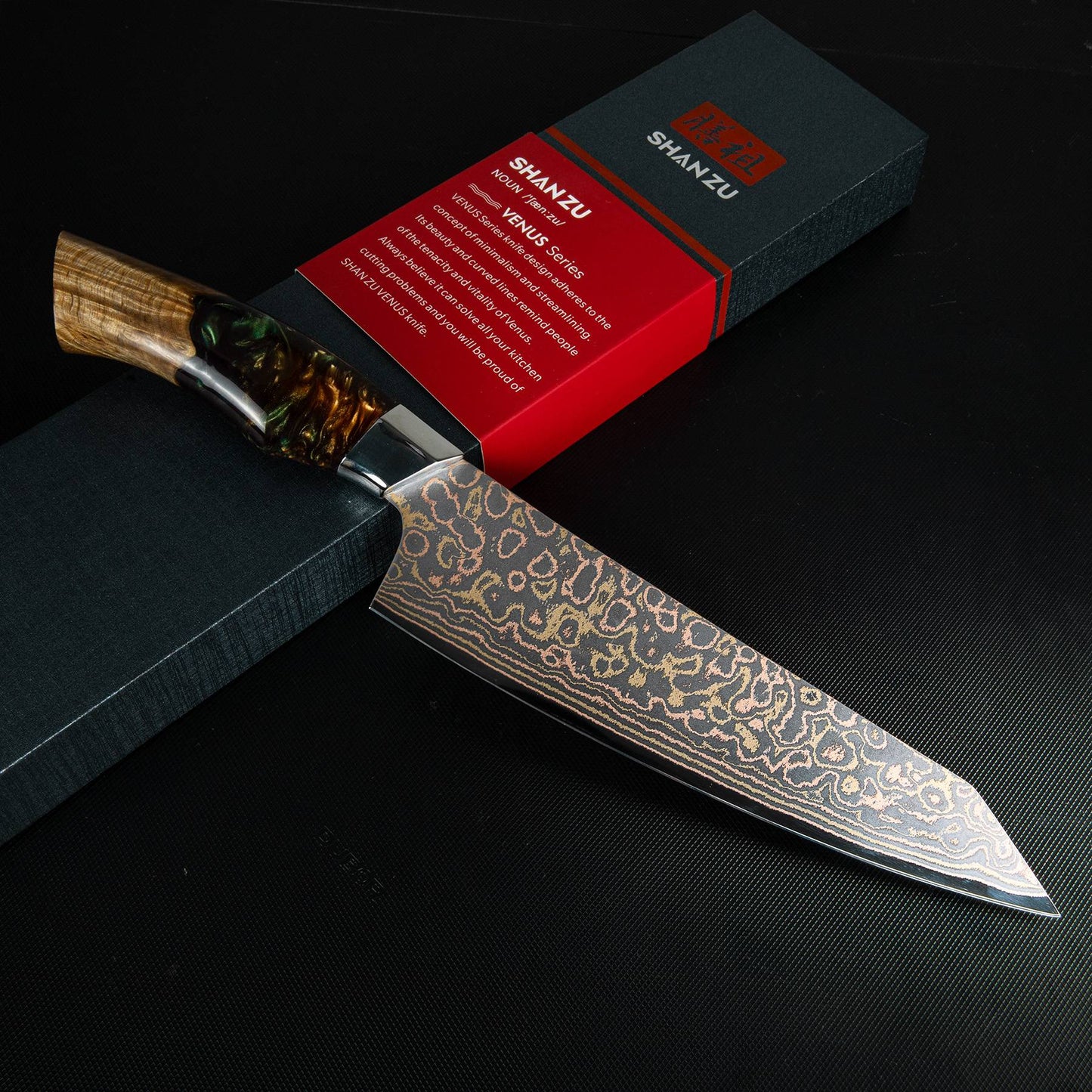 SHAN ZU Venus Series | 3-Piece Copper-Damascus Knife Set + 12" Magnetic Knife Holder