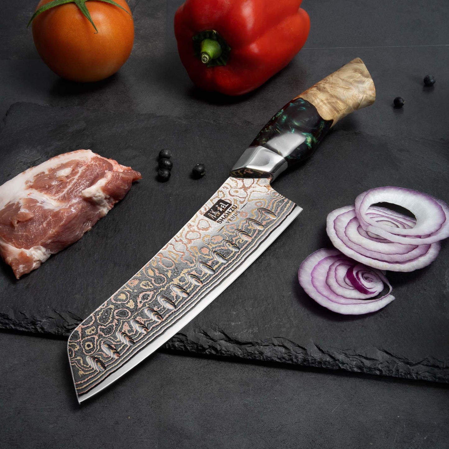 Venus Copper 7" Damascus Santoku Knife +MAGNE TICKNIFE HOLDER