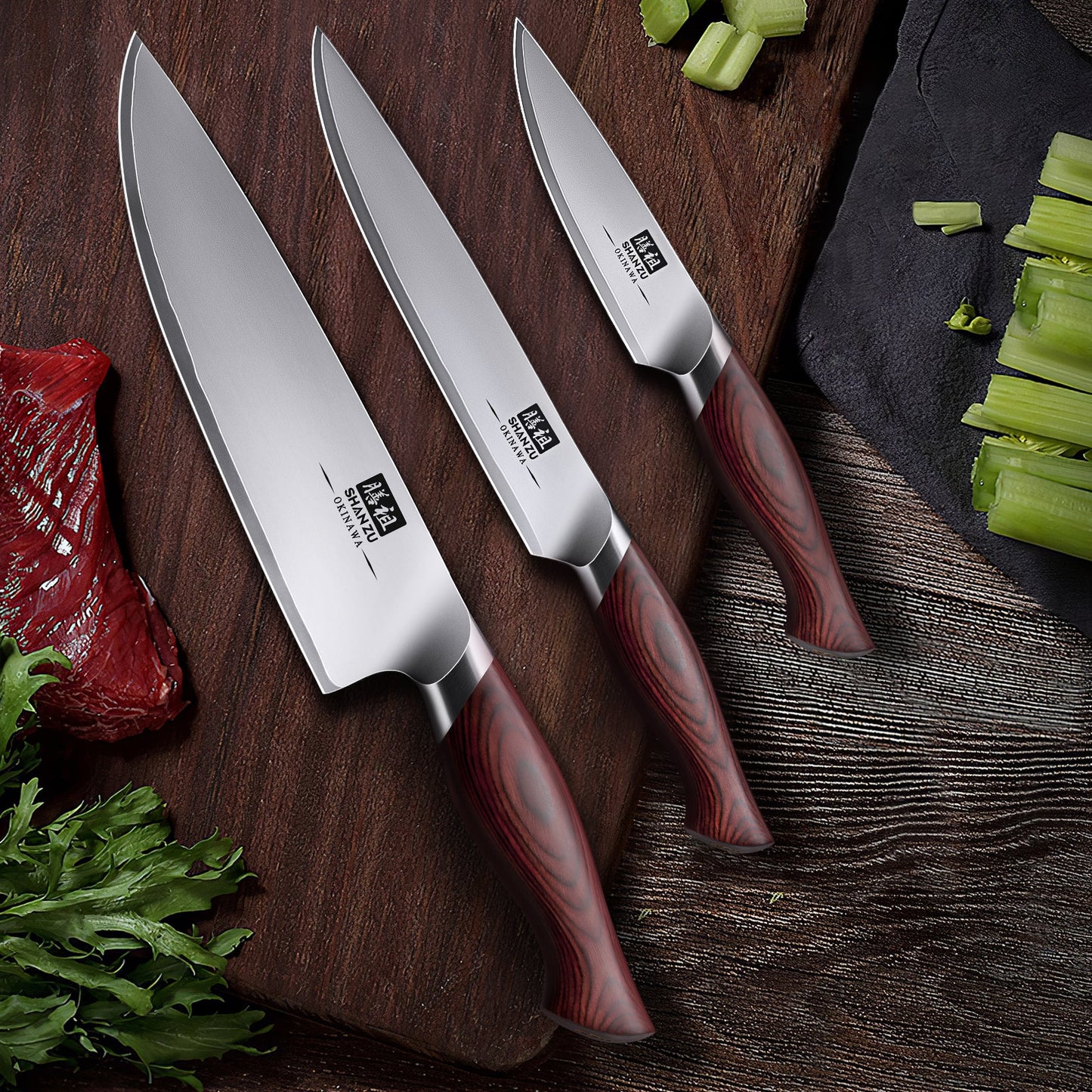 SHANZU Okinawa Series | 3-Piece Japanese Steel Set + 12" Magnetic Knife Holder