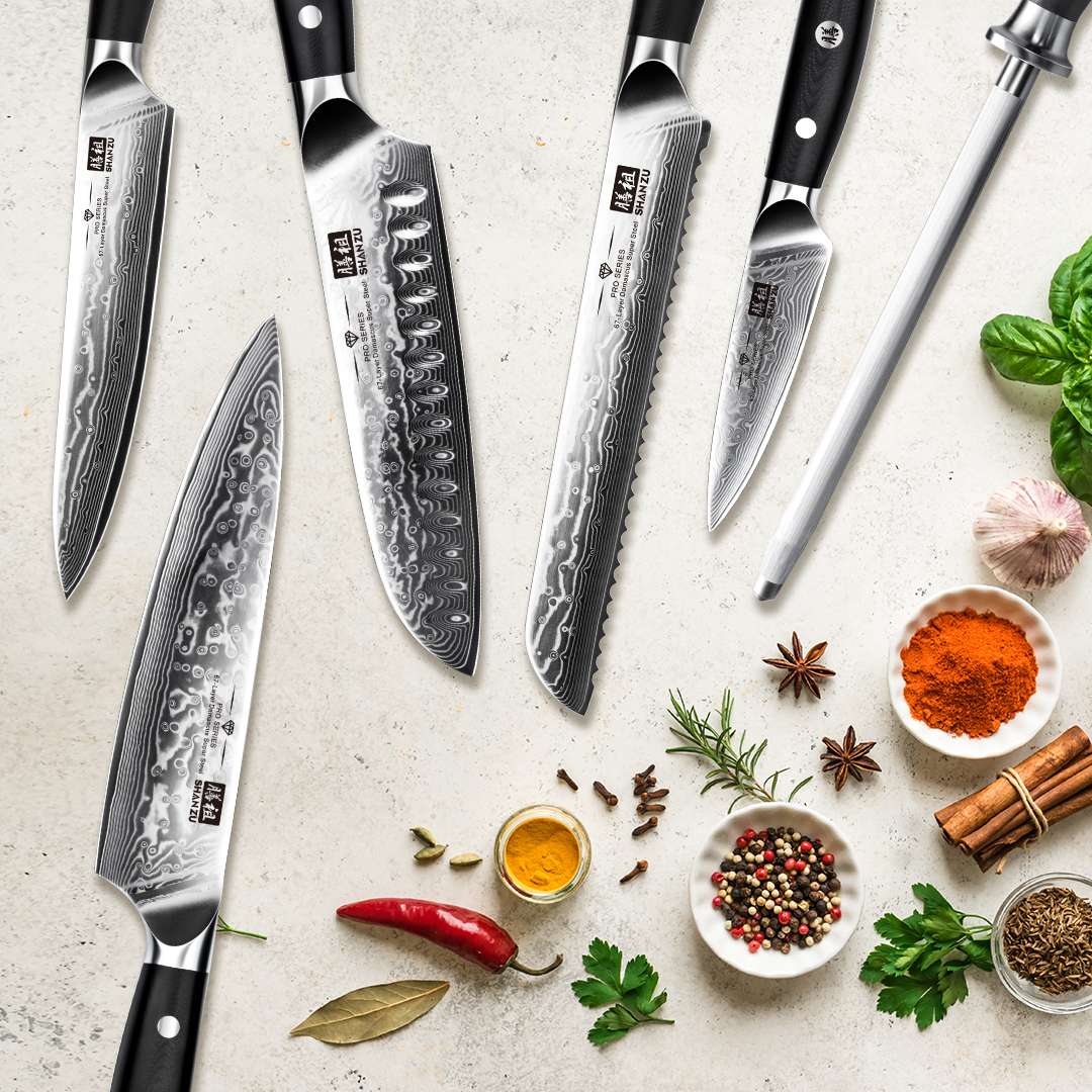 PRO 8-PCS Damascus Kitchen Knife Set With Block