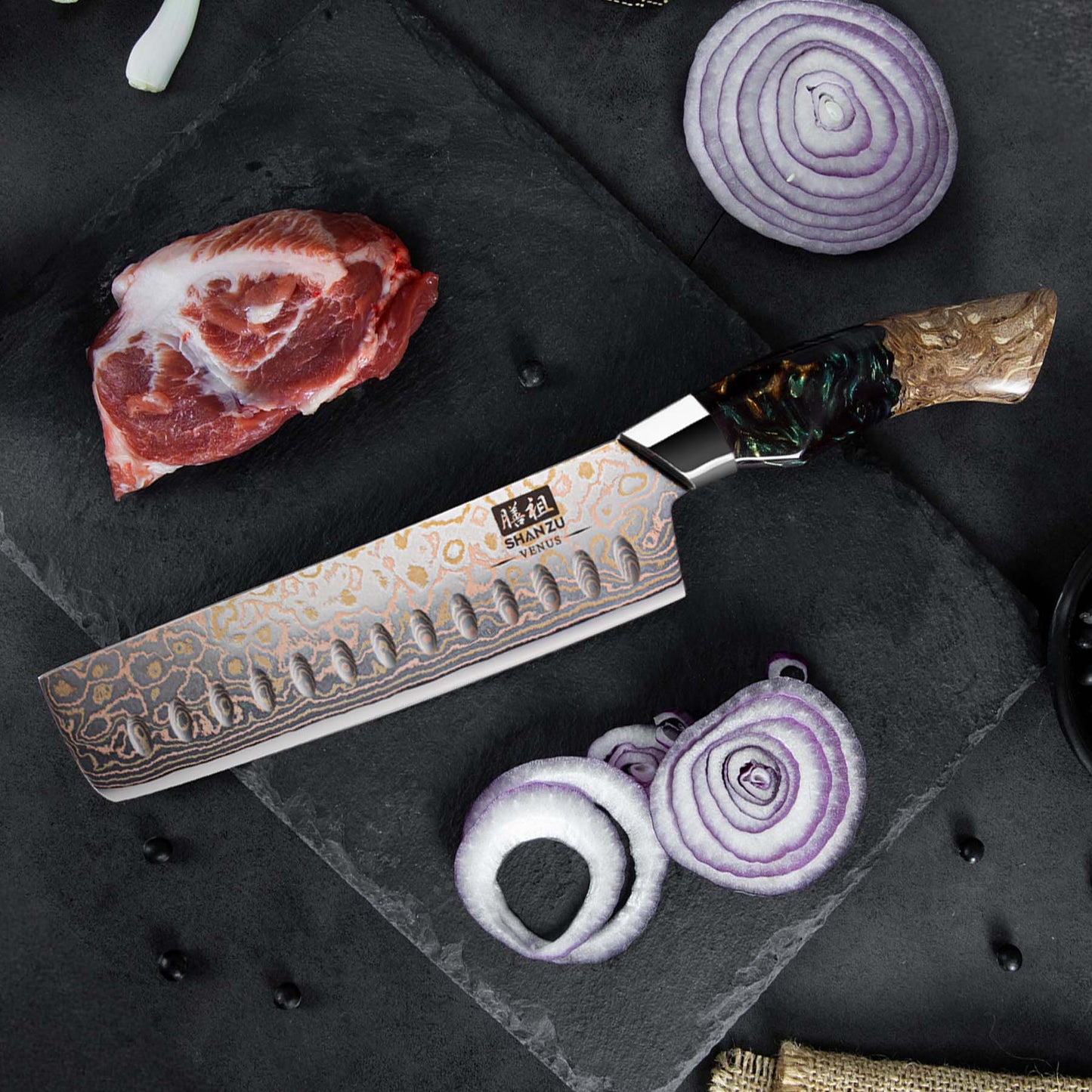 Venus Copper 7" Damascus Nakiri Knife+MAGNE TICKNIFE HOLDER