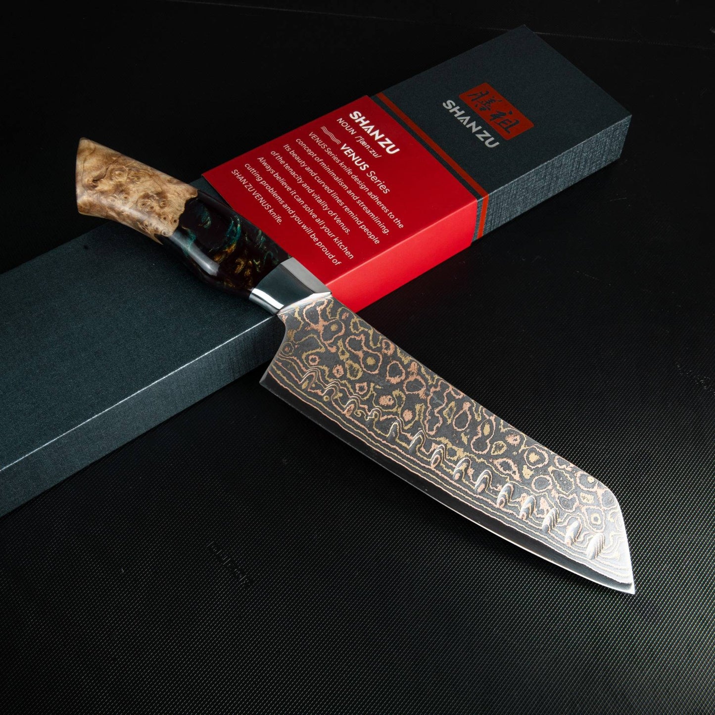 SHAN ZU Venus Series | 3-Piece Copper-Damascus Knife Set + 12" Magnetic Knife Holder