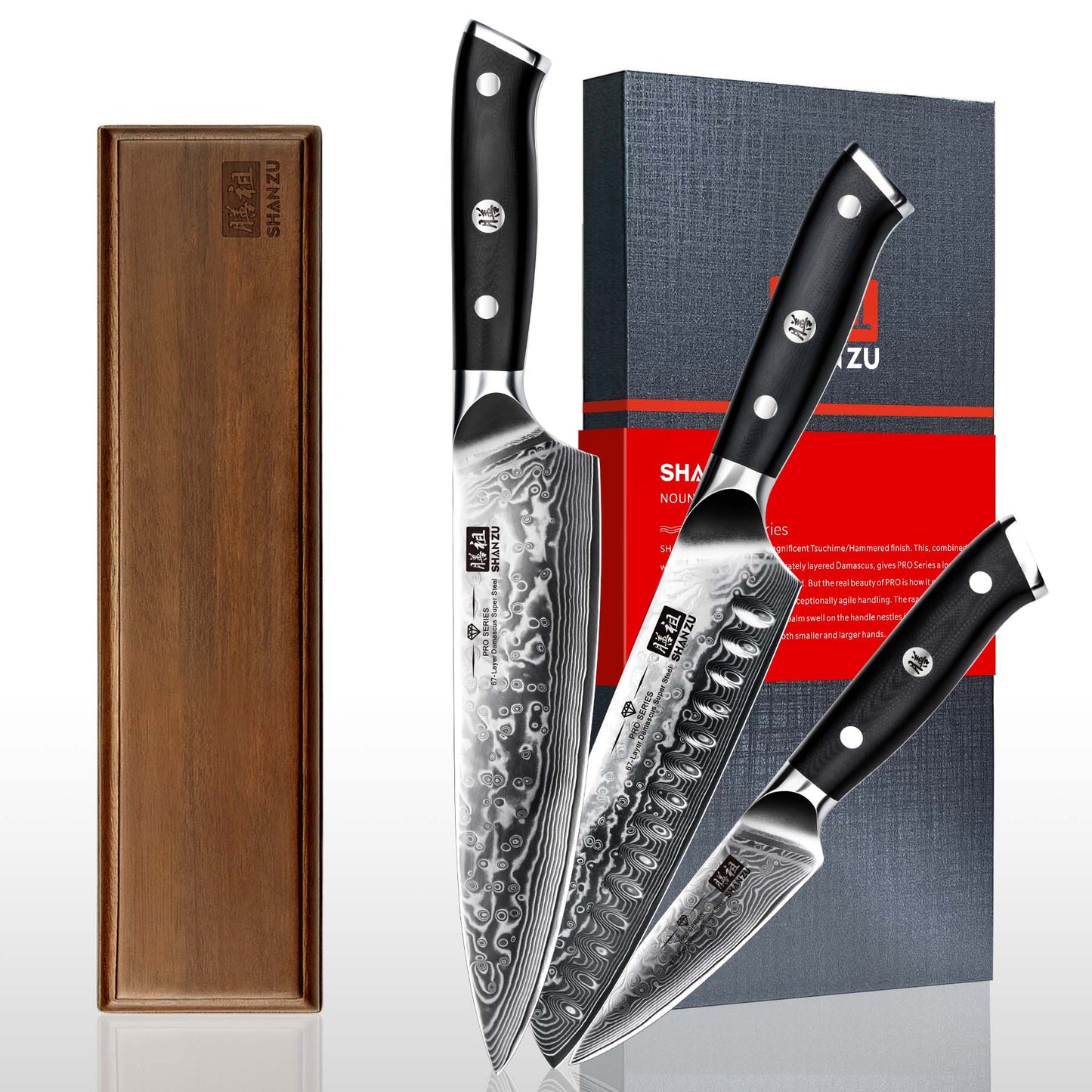 SHAN ZU Pro Series | 3-Piece Damascus Knife Set + 12" Magnetic Knife Holder