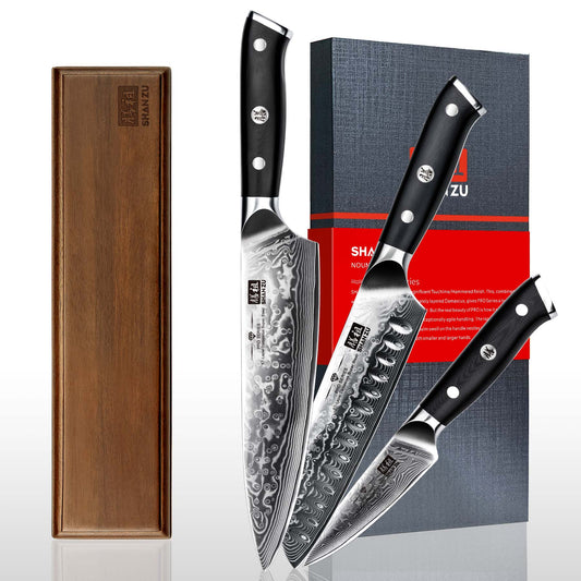SHAN ZU Pro Series | 3-Piece Damascus Knife Set + 12" Magnetic Knife Holder
