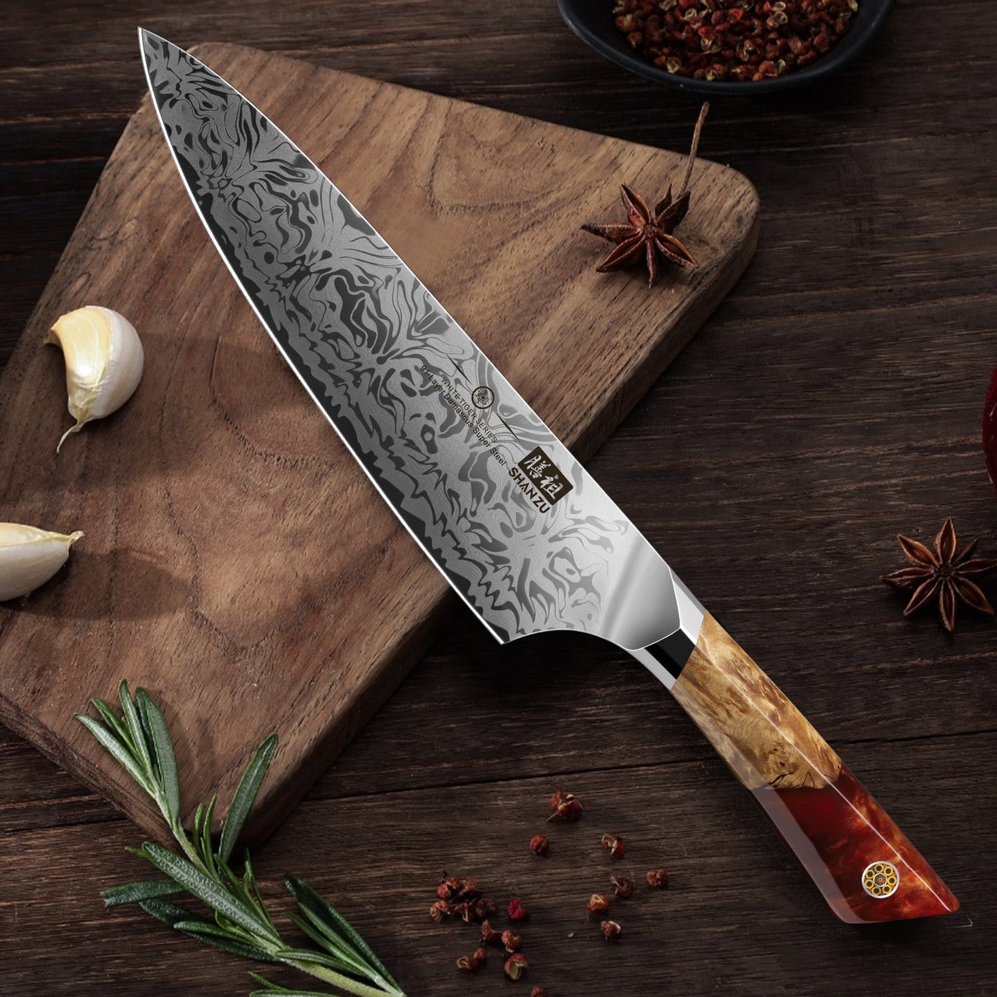 White Tiger Series |  Damascus Chef Knife+MAGNE TICKNIFE HOLDER