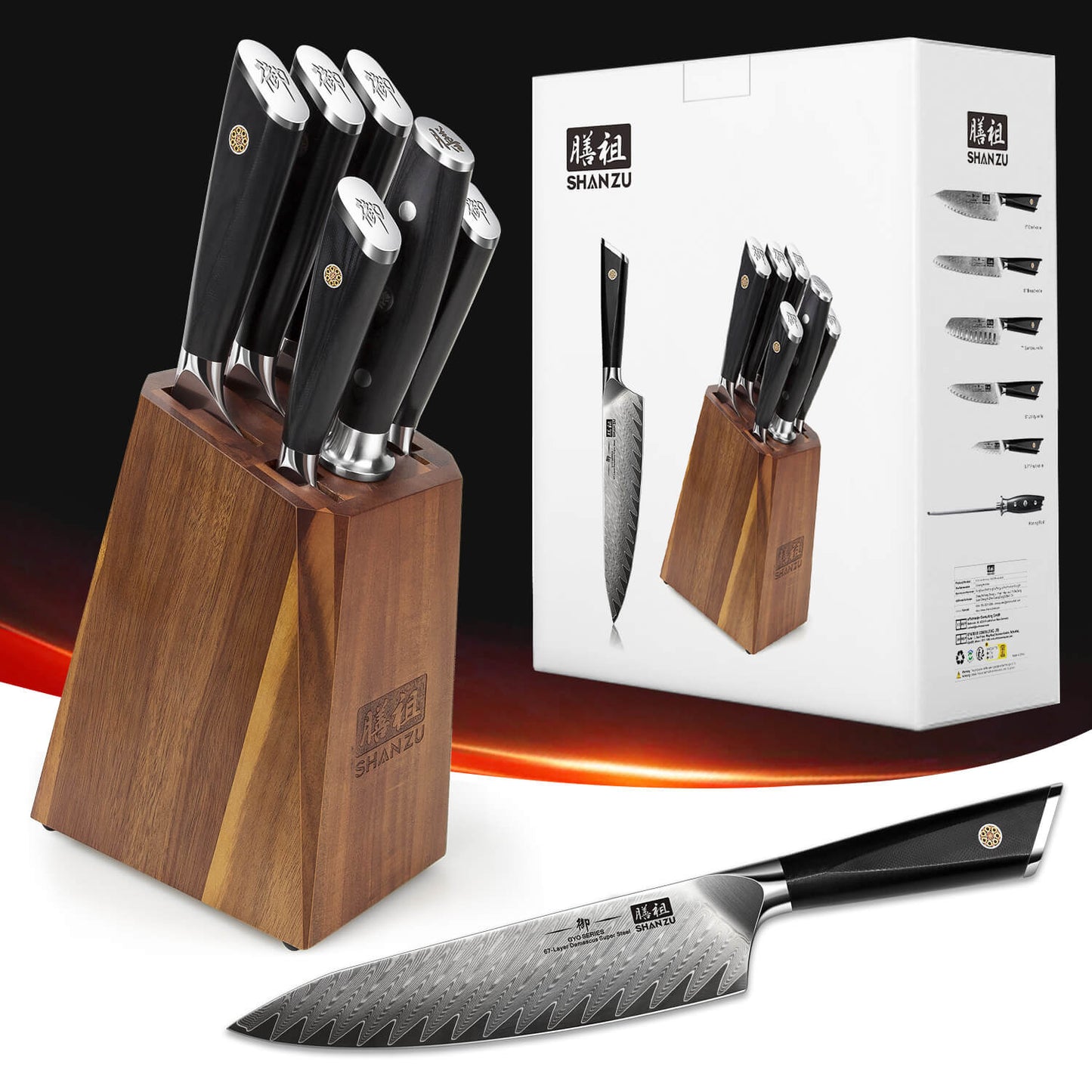 GYO 7-PCS Damascus Kitchen Knife Set With Block+MAGNETIC KNIFE BLOCK