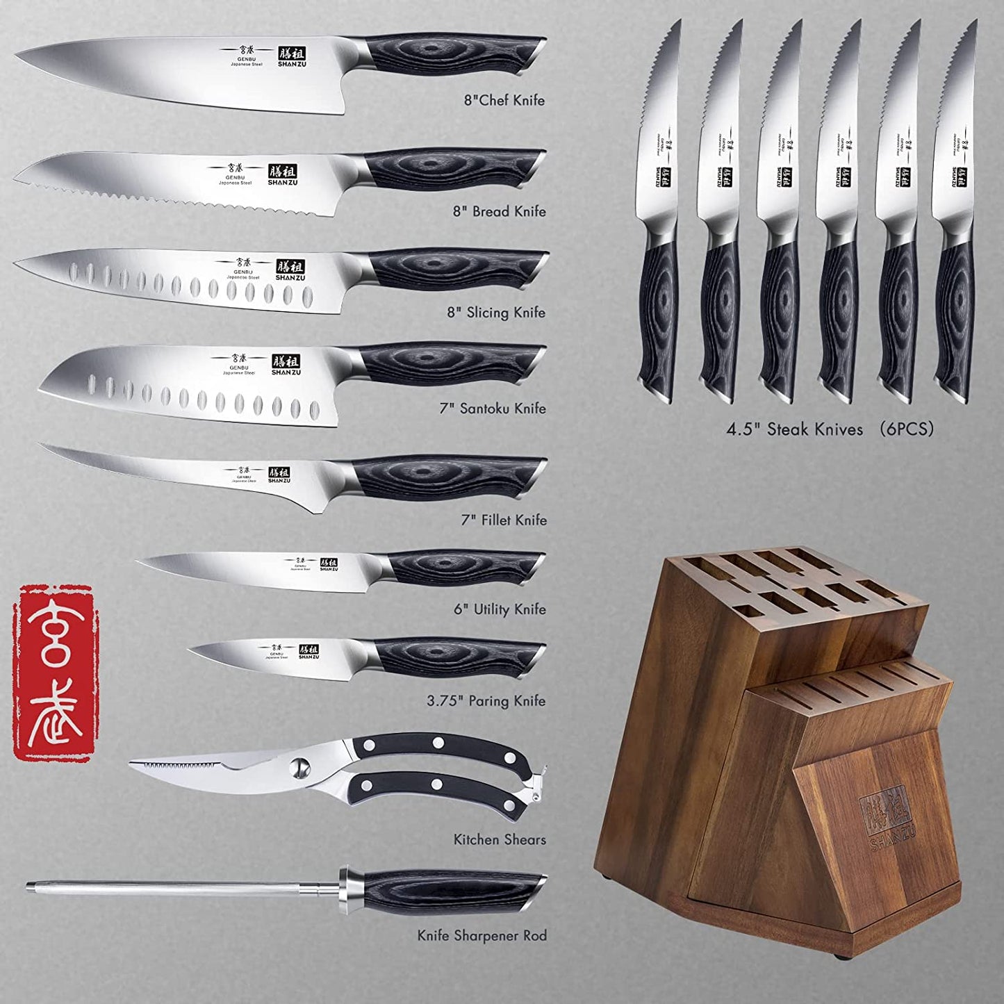 Genbu 16-PCS Kitchen Knife Set With Block+MAGNETIC KNIFE BLOCK