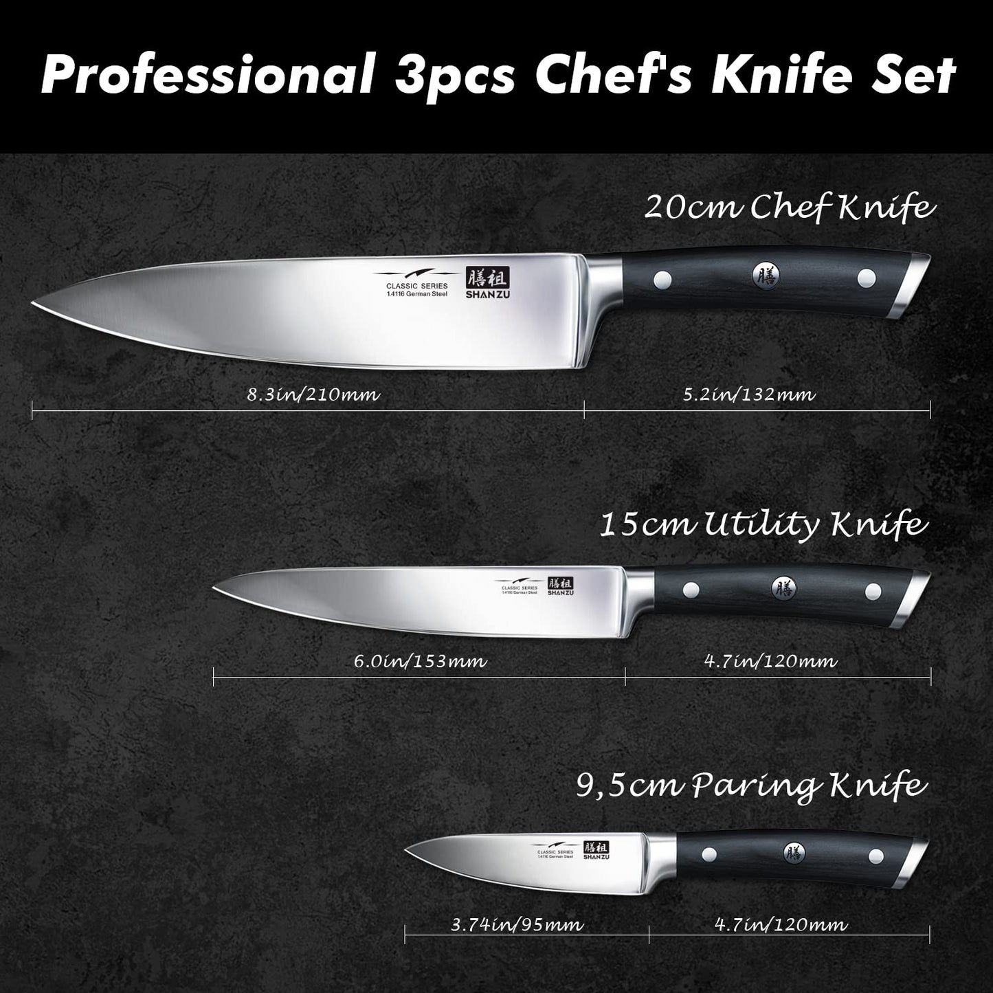 SHAN ZU Classic Series | 3 Knife Set + 12" Magnetic Knife Holder