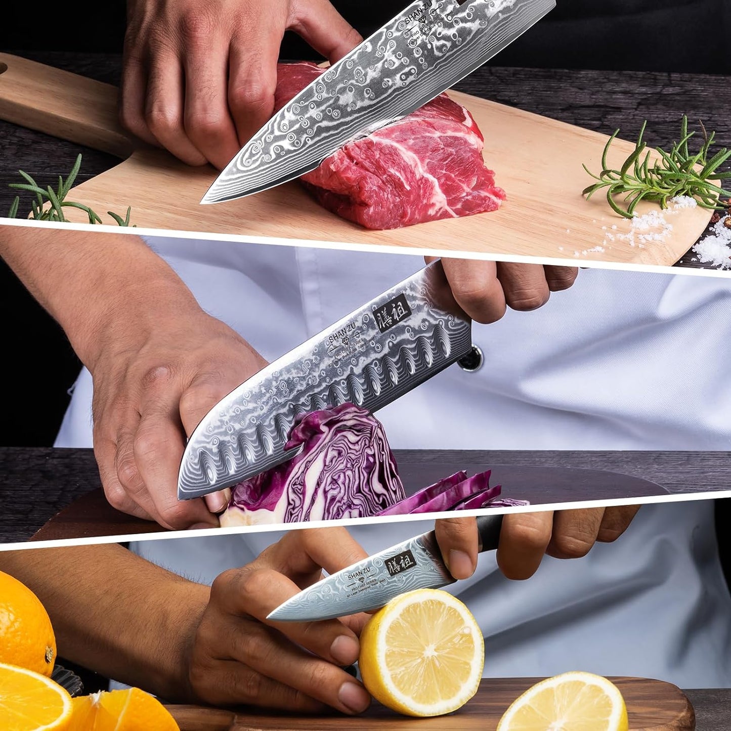 SHAN ZU Pro Series | 3-Piece Damascus Knife Set + 12" Magnetic Knife Holder