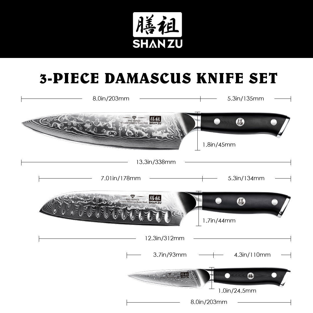 SHAN ZU Pro Series | 3-Piece Damascus Knife Set + 12" Magnetic Knife Holder