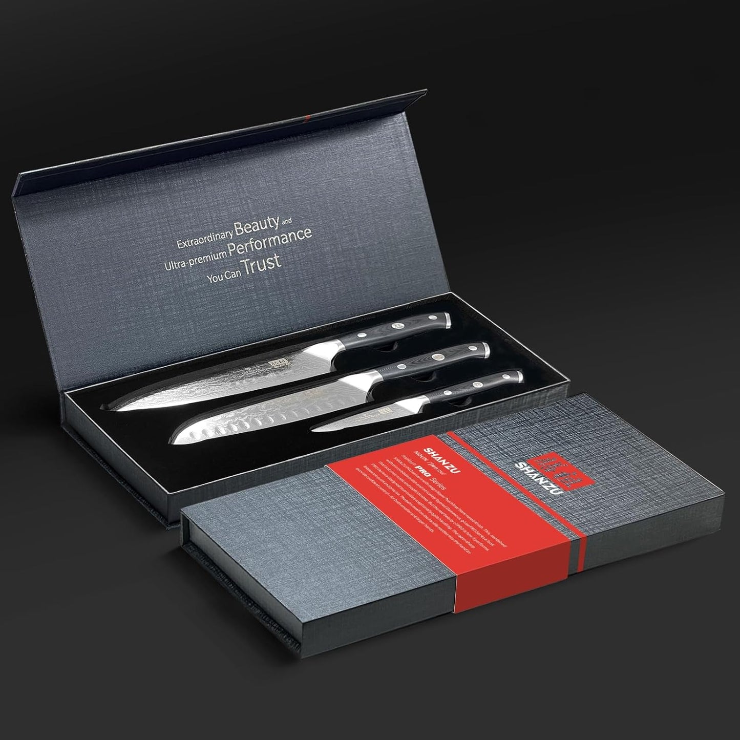 SHAN ZU Pro Series | 3-Piece Damascus Knife Set + 12" Magnetic Knife Holder
