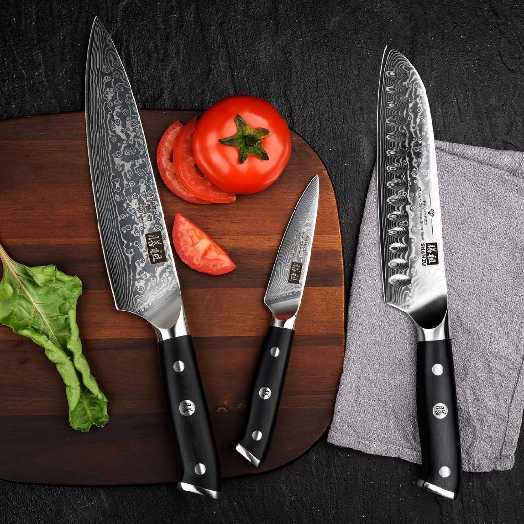SHAN ZU Pro Series | 3-Piece Damascus Knife Set + 12" Magnetic Knife Holder