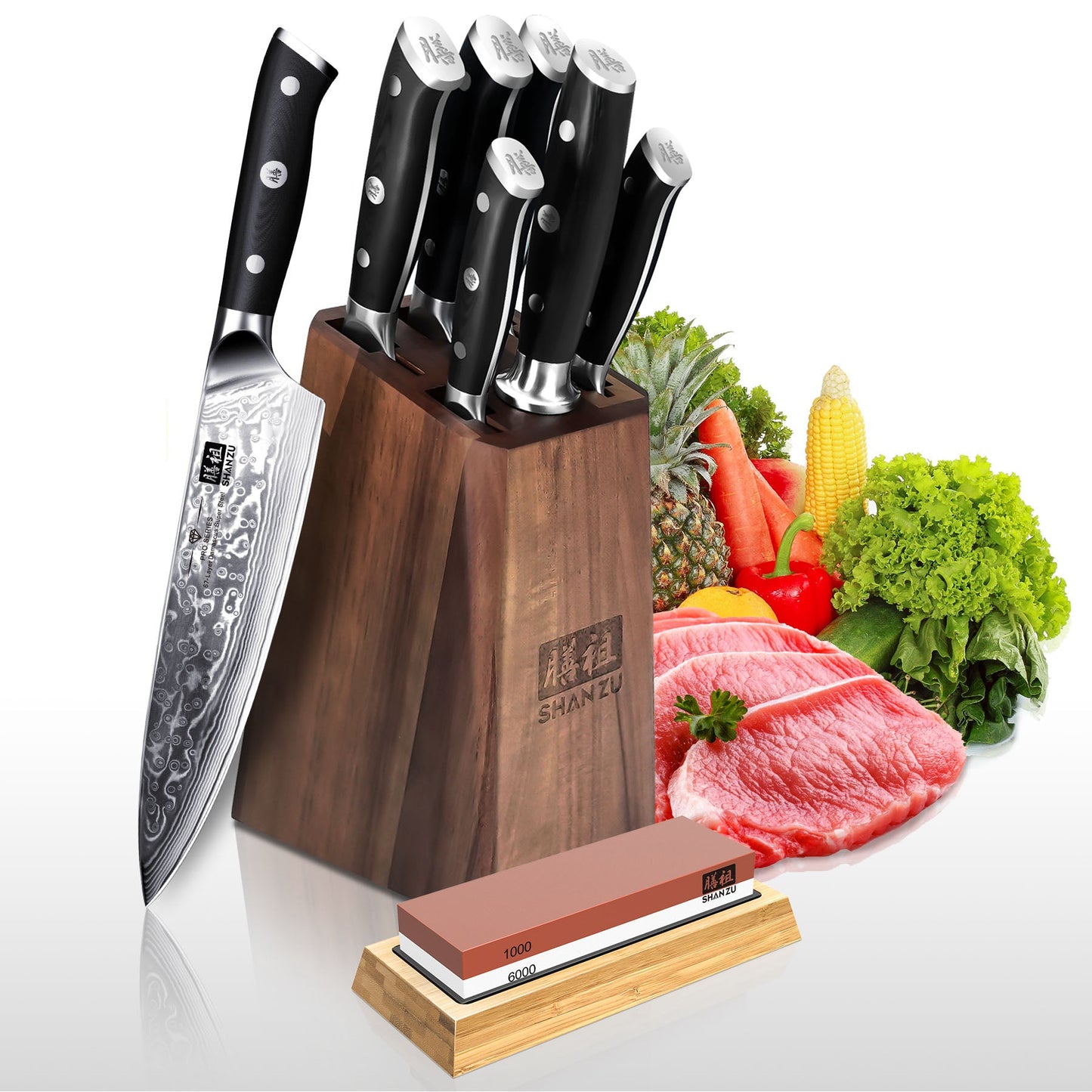 PRO 8-PCS Damascus Kitchen Knife Set With Block