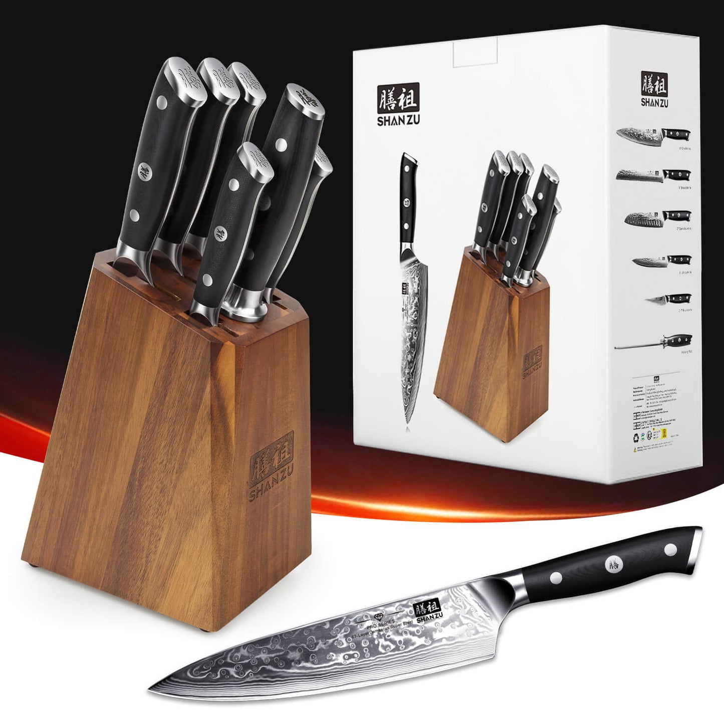 PRO 7-PCS Damascus Kitchen Knife Set With Block+MAGNETIC KNIFE BLOCK