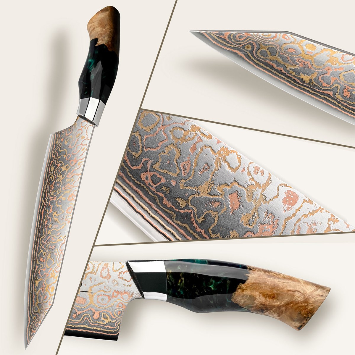 SHAN ZU Venus Series | 3-Piece Copper-Damascus Knife Set + 12" Magnetic Knife Holder