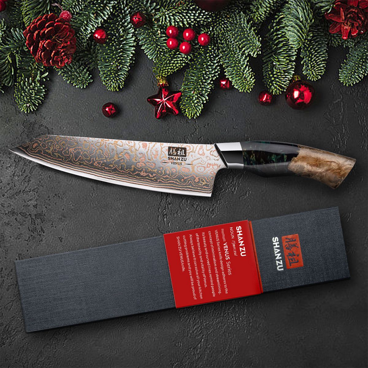 Venus Copper 8" Damascus Chef Knife+MAGNE TICKNIFE HOLDER