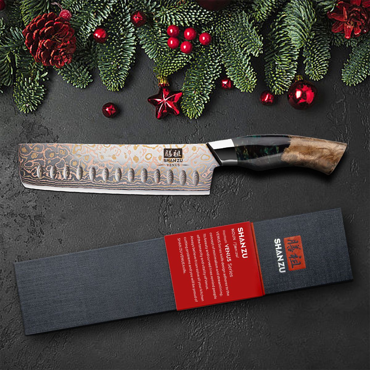 Venus Copper 7" Damascus Nakiri Knife+MAGNE TICKNIFE HOLDER