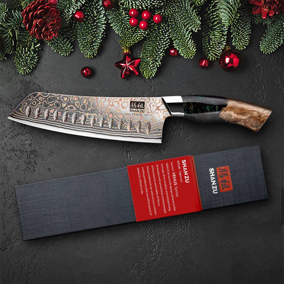 Venus Copper 7" Damascus Santoku Knife +MAGNE TICKNIFE HOLDER