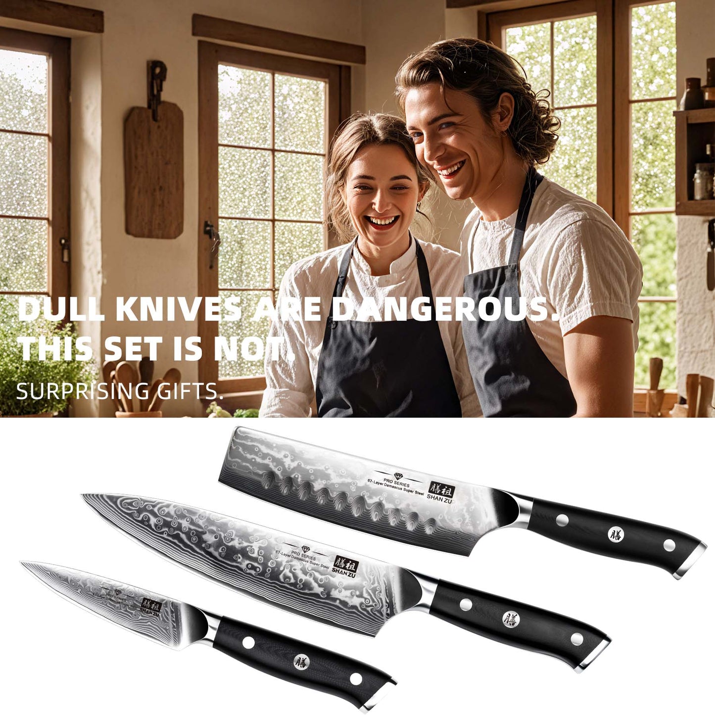 SHAN ZU Pro Series – 3-Piece Classic Damascus Knife Set + 12" Magnetic Knife Holder