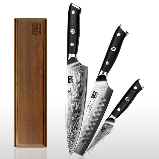 SHAN ZU Pro Series – 3-Piece Classic Damascus Knife Set + 12" Magnetic Knife Holder